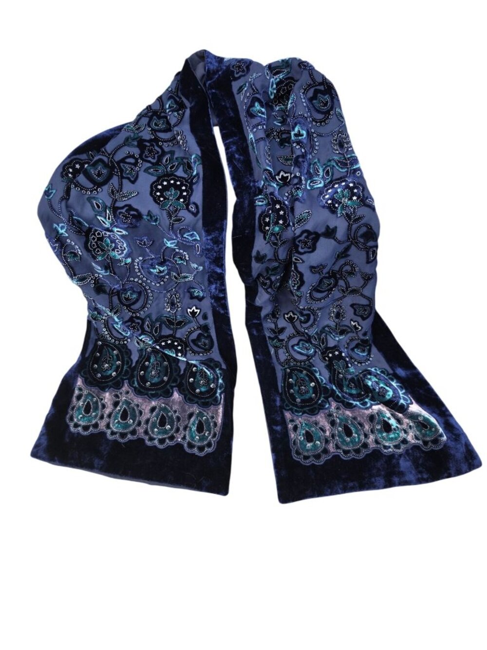 Whimsigoth Velvet Burnout Scarf Beaded Navy Teal Paisley Dark Fairycore Wrap